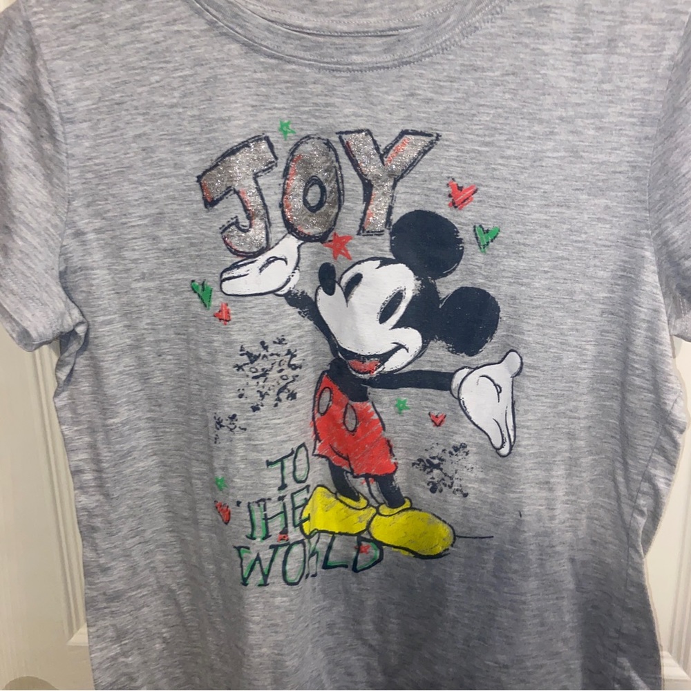 Disney girls Mickey Mouse Joy to the World t shirt Christmas Large 11/13 gray.